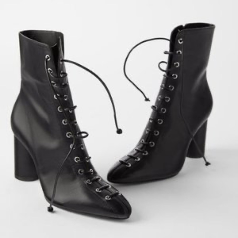 Zara Black Leather Laced Front Heeled Ankle Boots Size 38